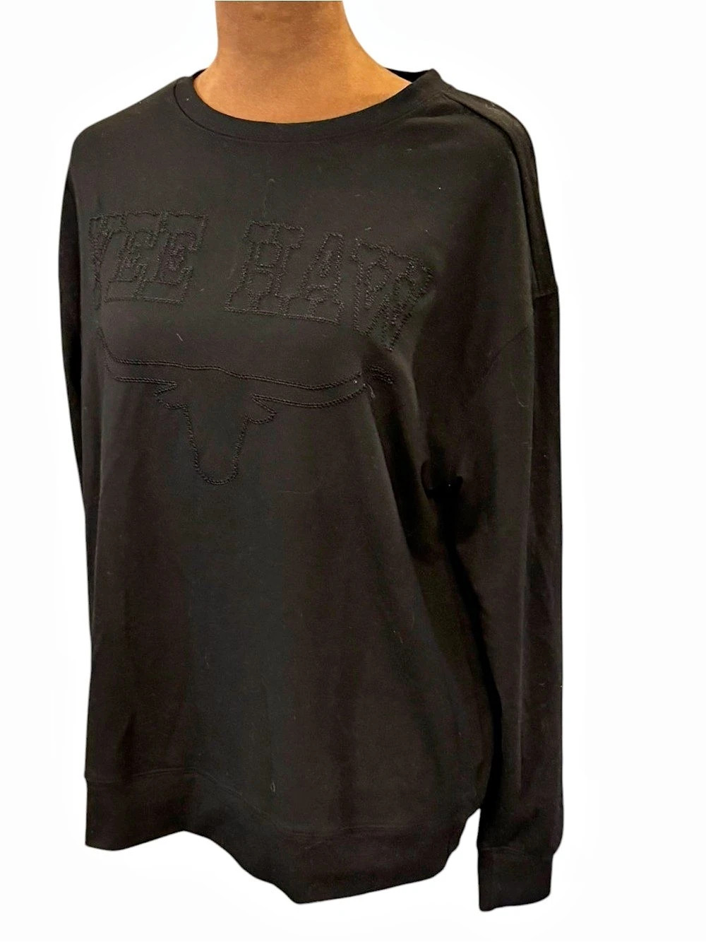 Embroidered Yee Haw Sweatshirt Crewneck Longhorn Black On Black Small Relaxed - Picture 7 of 16